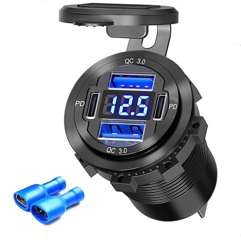 Y&D 78W Waterproof 12V Car Charger, 4 Port USB Outlet: Dual PD USB-C & Dual Quick Charge 3.0, Aluminum Automobile Charger with Voltmeter for Boat/Car - Image 2